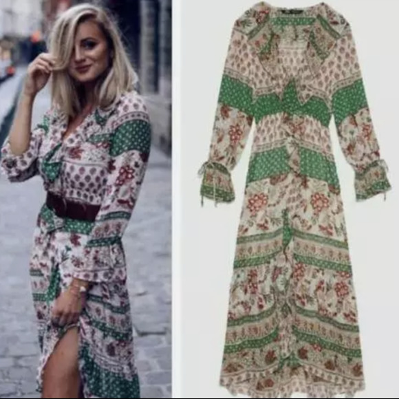 ZARA Boho Printed Ruffled Long Sleeve Midi Dress, Size XS - Picture 1 of 7